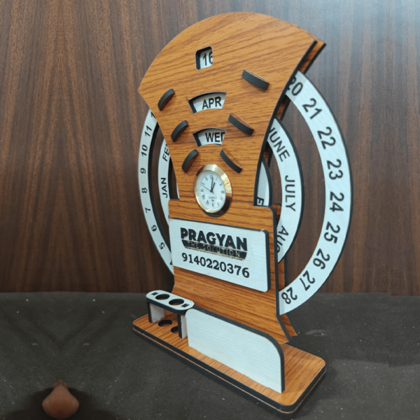 Wooden Desk Organizer with Clock, Calendar & Pen Holder